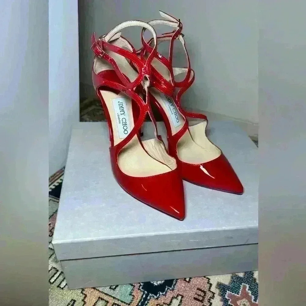 Jimmy Choo - Lancer Stiletto Red Patent Leather Pumps - 38 - Picture 5 of 10